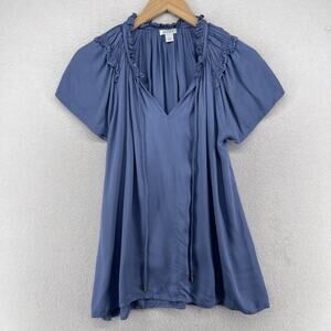 SUNDANCE Blouse S Tunic Ruffle V-Neck Tie Short Sleeve Boho Blue